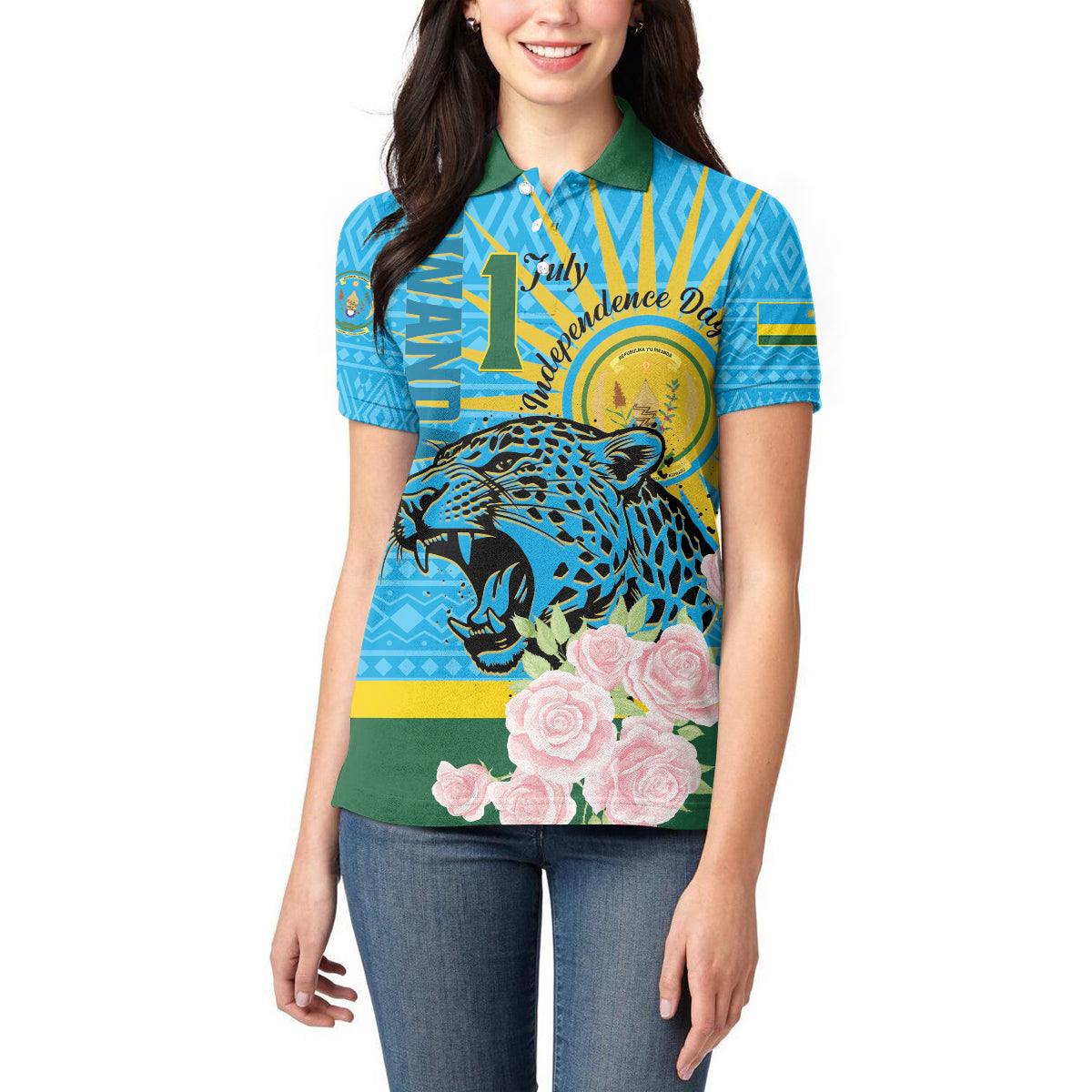 Rwanda Independence Day Women Polo Shirt Leopard With Roses - Wonder Print Shop
