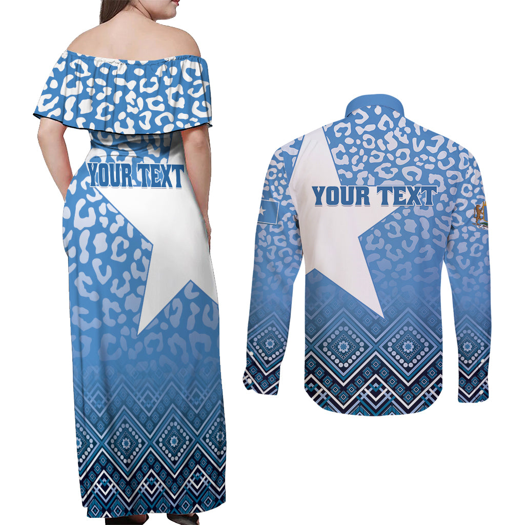 Personalized Somalia Independence Day 2024 Couples Matching Off Shoulder Maxi Dress and Long Sleeve Button Shirt Somali Star Leopard Mix African Pattern - Wonder Print Shop