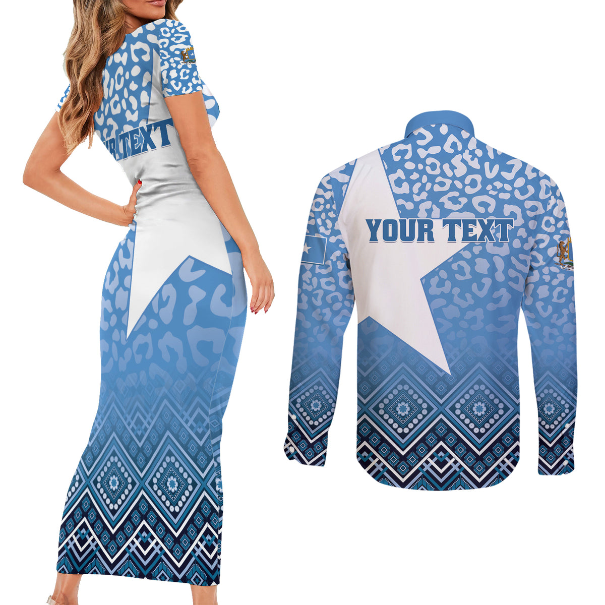 Personalized Somalia Independence Day 2024 Couples Matching Short Sleeve Bodycon Dress and Long Sleeve Button Shirt Somali Star Leopard Mix African Pattern - Wonder Print Shop