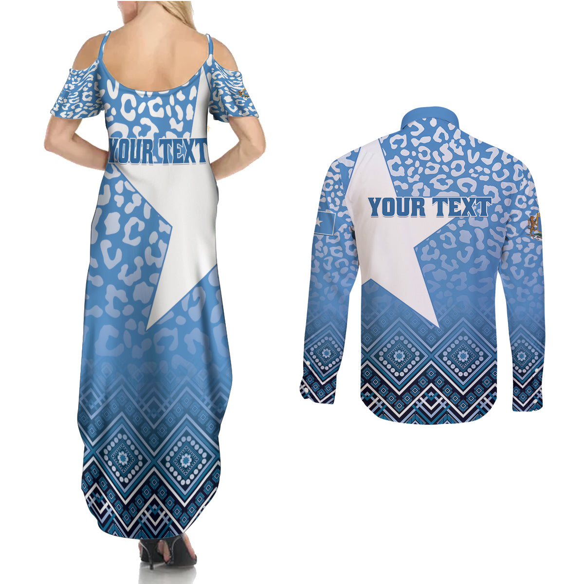Personalized Somalia Independence Day 2024 Couples Matching Summer Maxi Dress and Long Sleeve Button Shirt Somali Star Leopard Mix African Pattern - Wonder Print Shop