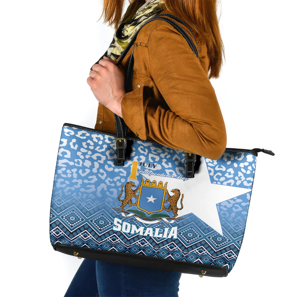 Somalia Independence Day 2024 Leather Tote Bag Somali Star Leopard Mix African Pattern