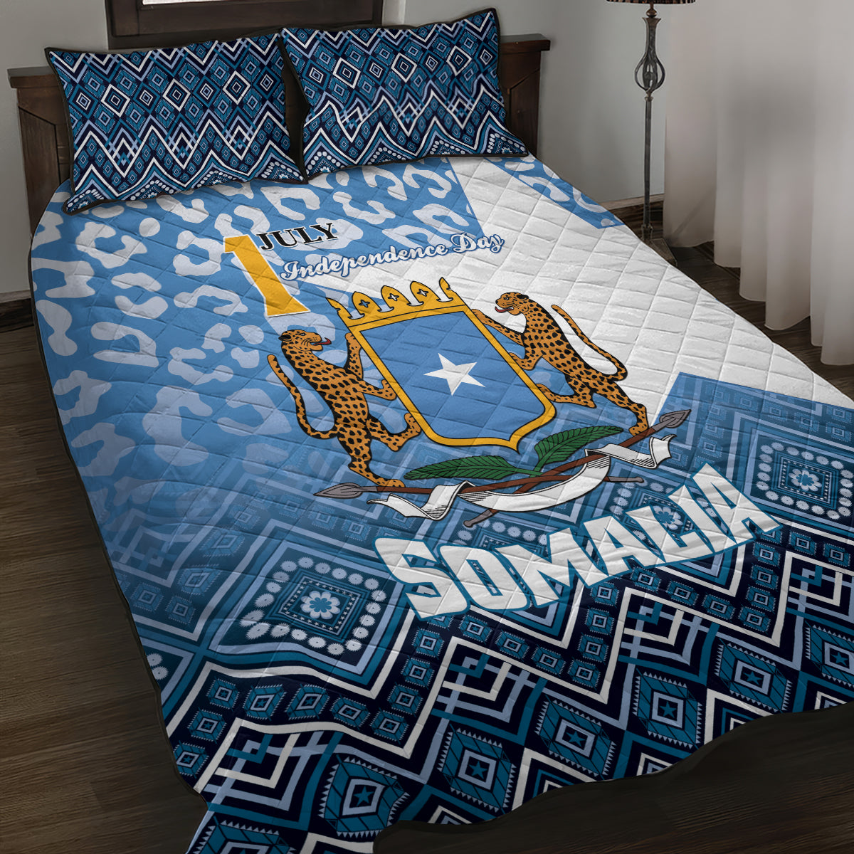 Somalia Independence Day 2024 Quilt Bed Set Somali Star Leopard Mix African Pattern