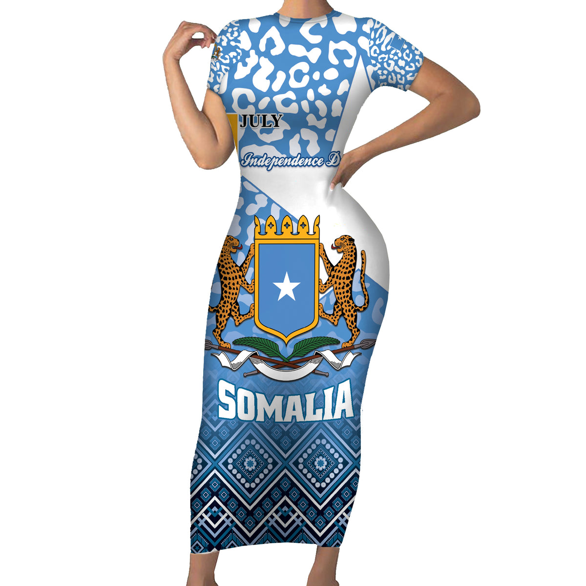 Personalized Somalia Independence Day 2024 Short Sleeve Bodycon Dress Somali Star Leopard Mix African Pattern - Wonder Print Shop
