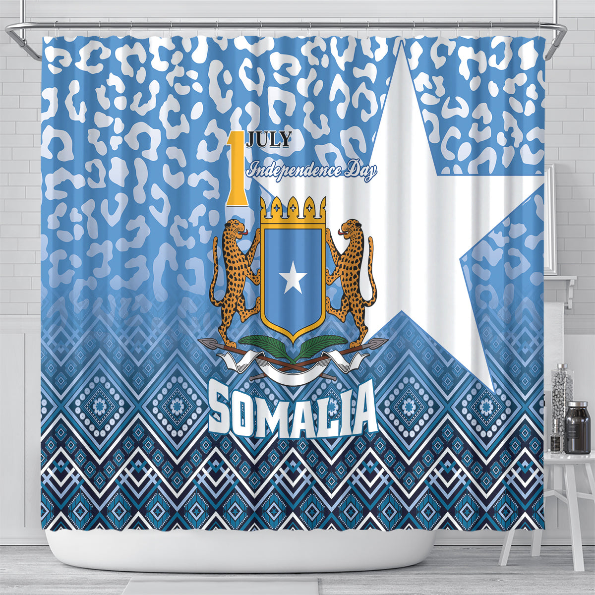 Somalia Independence Day 2024 Shower Curtain Somali Star Leopard Mix African Pattern