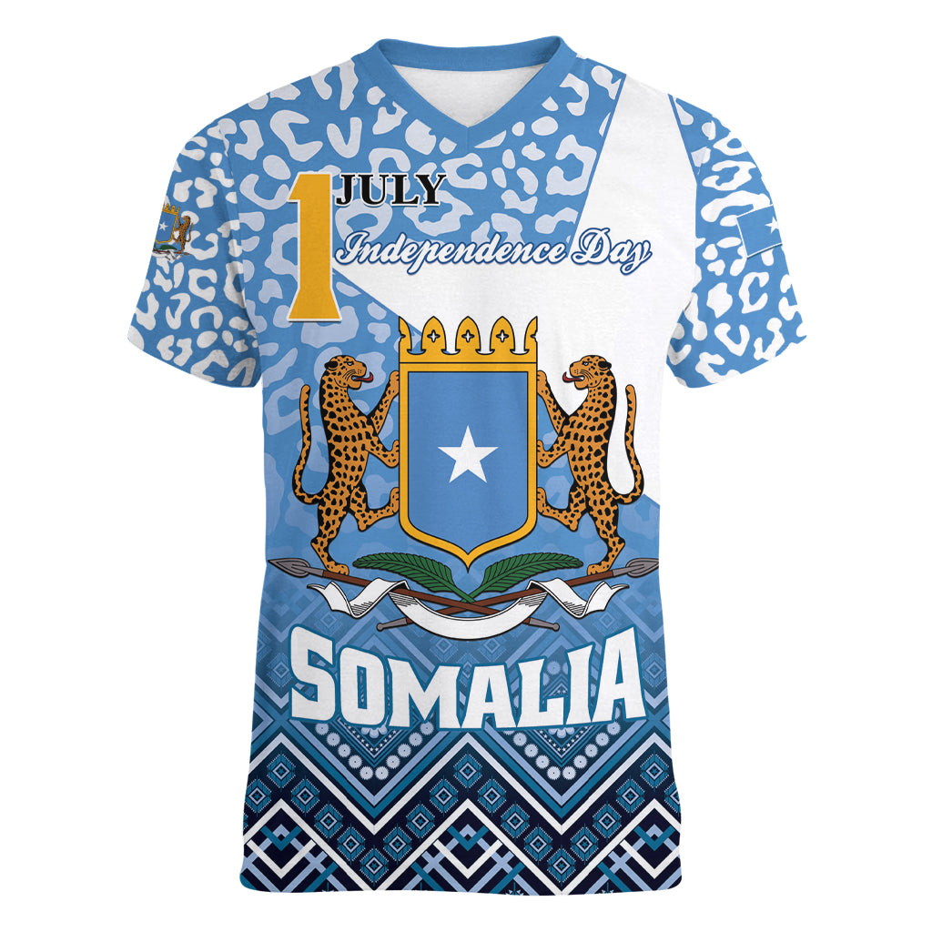 Personalized Somalia Independence Day 2024 Women V-Neck T-Shirt Somali Star Leopard Mix African Pattern - Wonder Print Shop