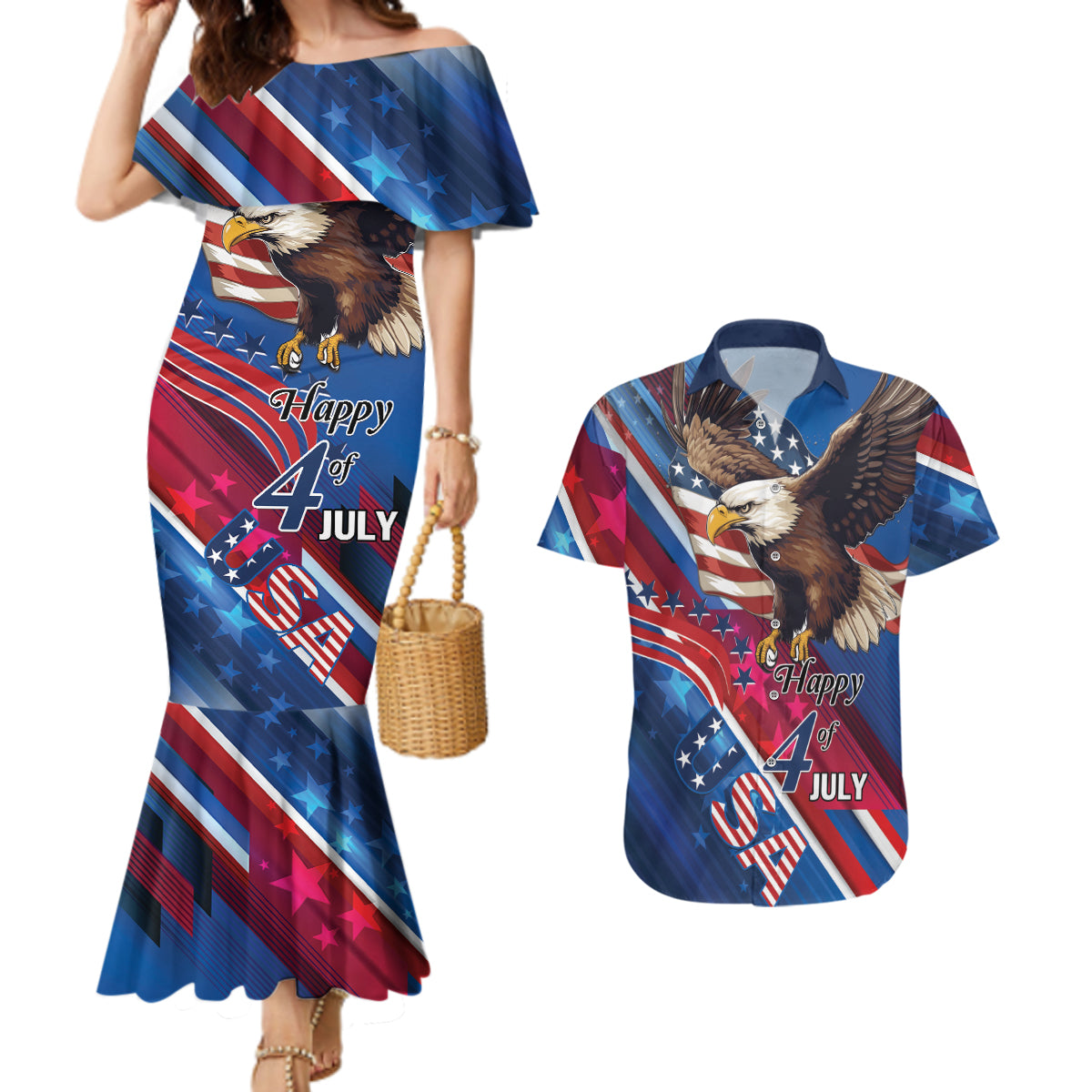 Personalized USA Independence Day 2024 Couples Matching Mermaid Dress and Hawaiian Shirt United States Eagle - Wonder Print Shop