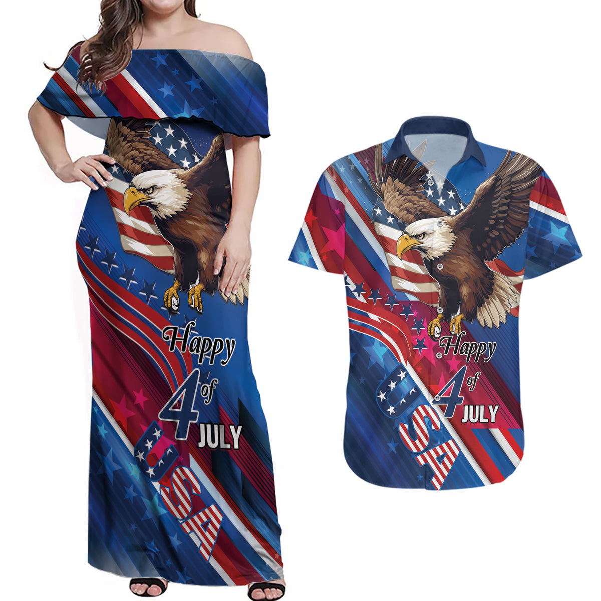 Personalized USA Independence Day 2024 Couples Matching Off Shoulder Maxi Dress and Hawaiian Shirt United States Eagle - Wonder Print Shop