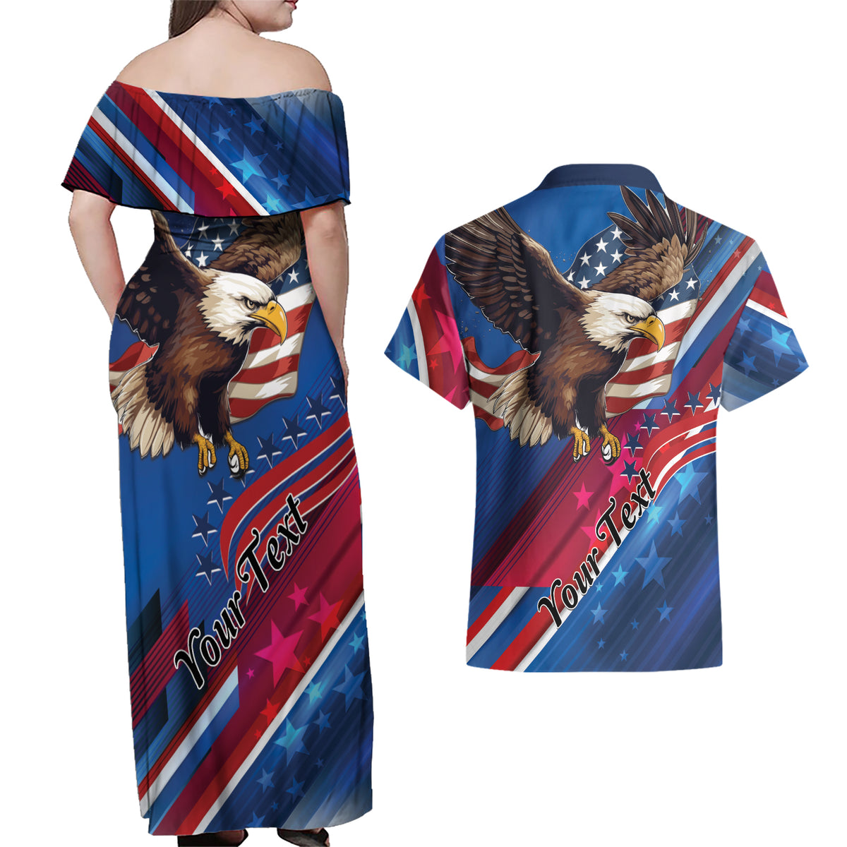 Personalized USA Independence Day 2024 Couples Matching Off Shoulder Maxi Dress and Hawaiian Shirt United States Eagle - Wonder Print Shop