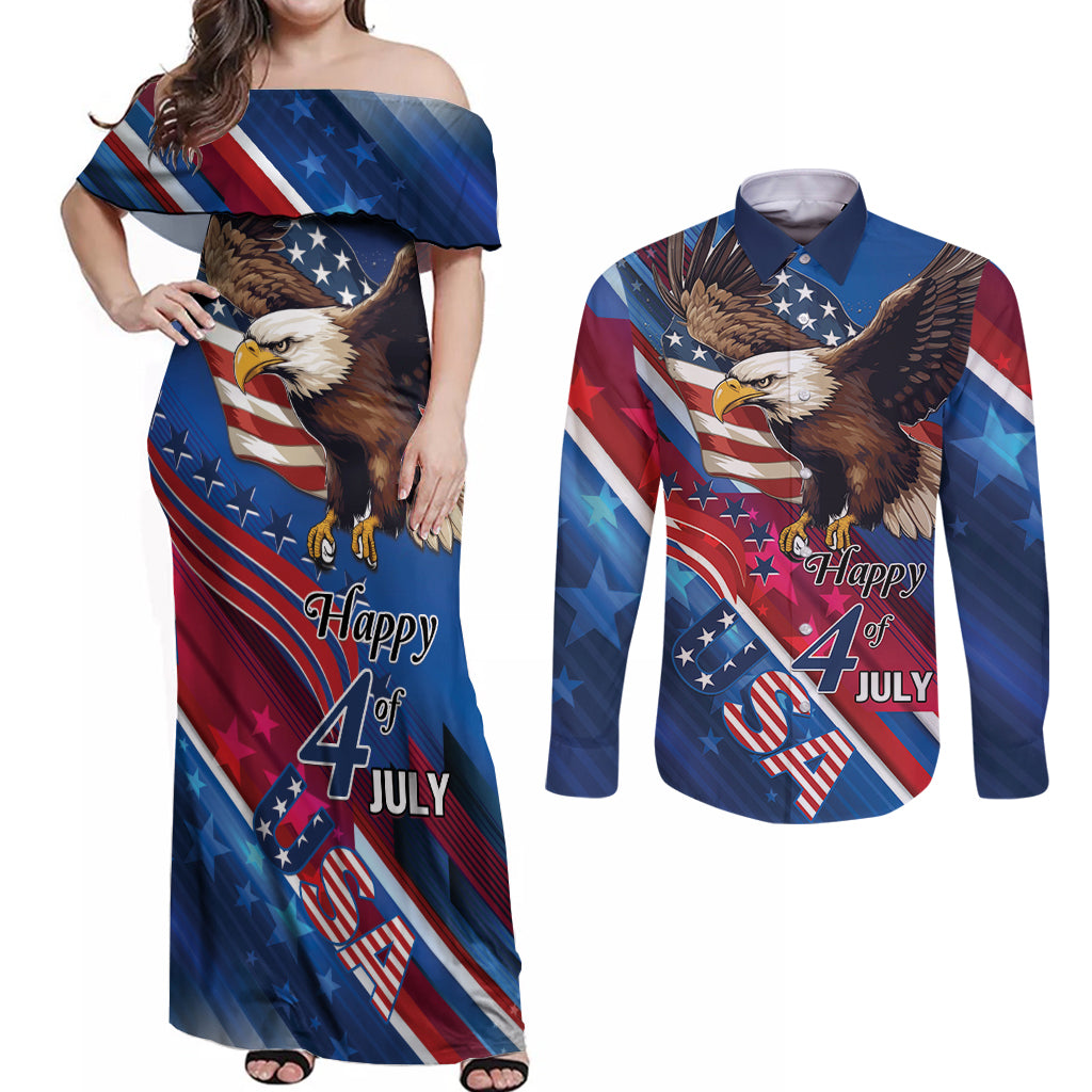 Personalized USA Independence Day 2024 Couples Matching Off Shoulder Maxi Dress and Long Sleeve Button Shirt United States Eagle - Wonder Print Shop