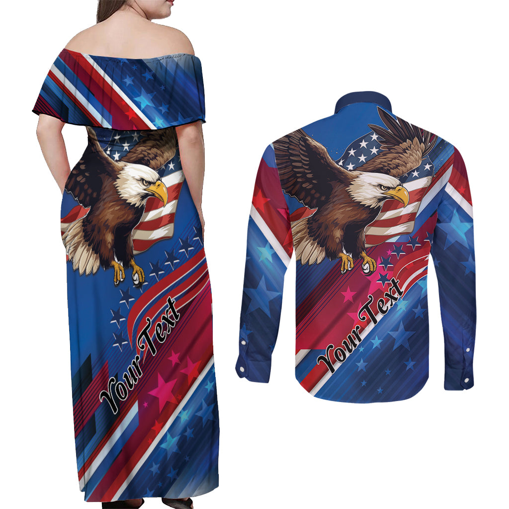 Personalized USA Independence Day 2024 Couples Matching Off Shoulder Maxi Dress and Long Sleeve Button Shirt United States Eagle - Wonder Print Shop