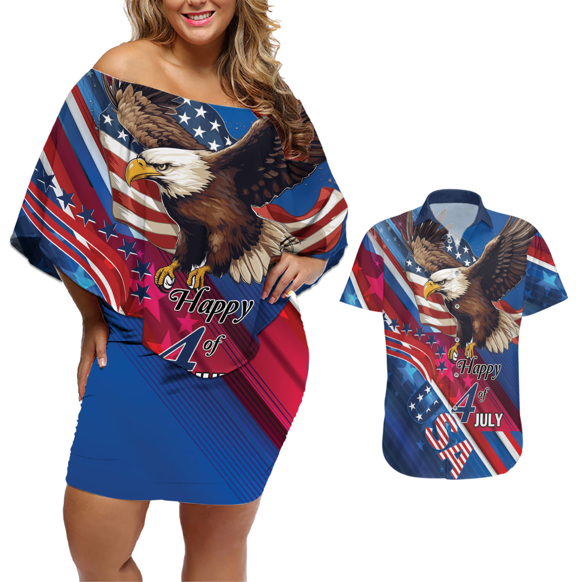 Personalized USA Independence Day 2024 Couples Matching Off Shoulder Short Dress and Hawaiian Shirt United States Eagle - Wonder Print Shop
