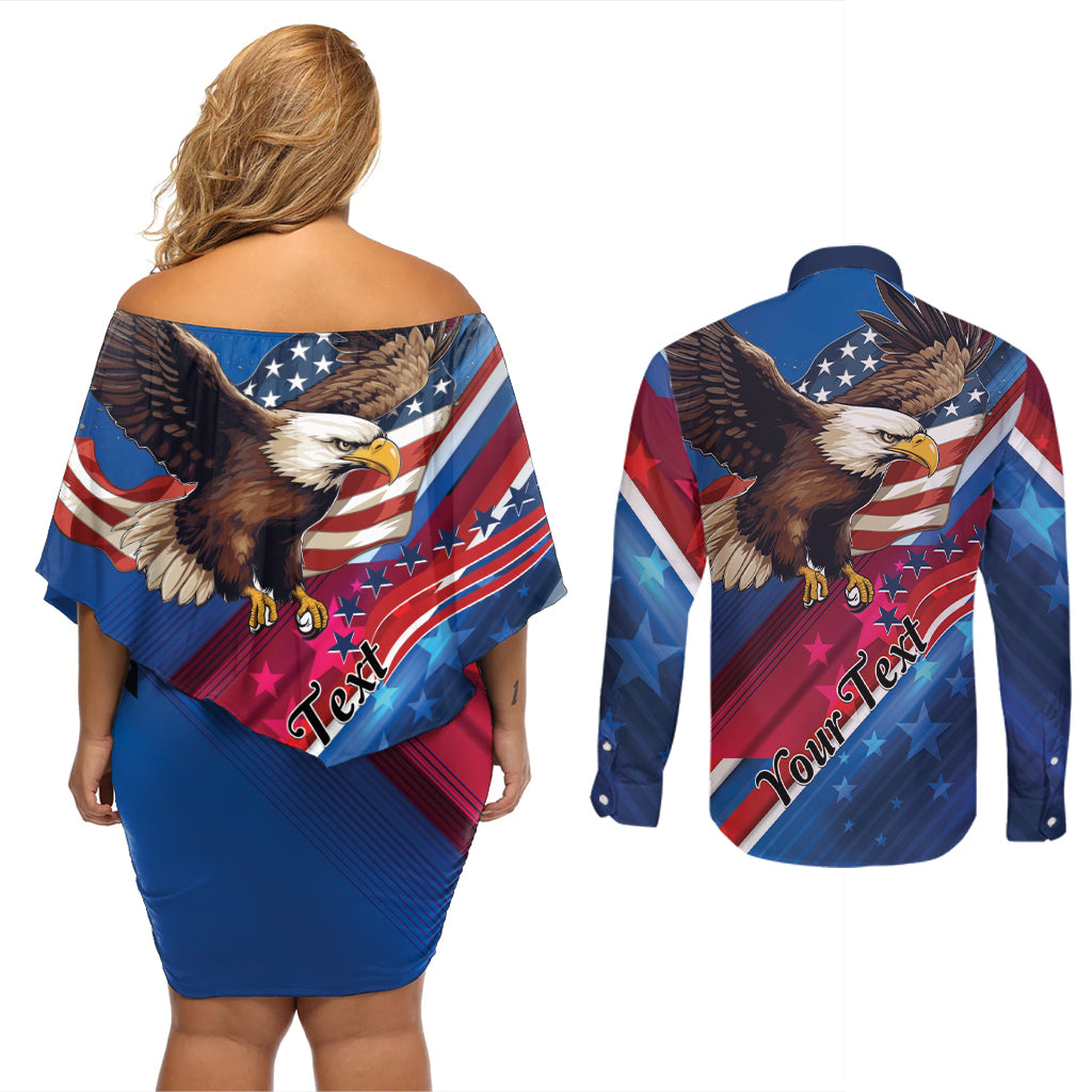 Personalized USA Independence Day 2024 Couples Matching Off Shoulder Short Dress and Long Sleeve Button Shirt United States Eagle - Wonder Print Shop