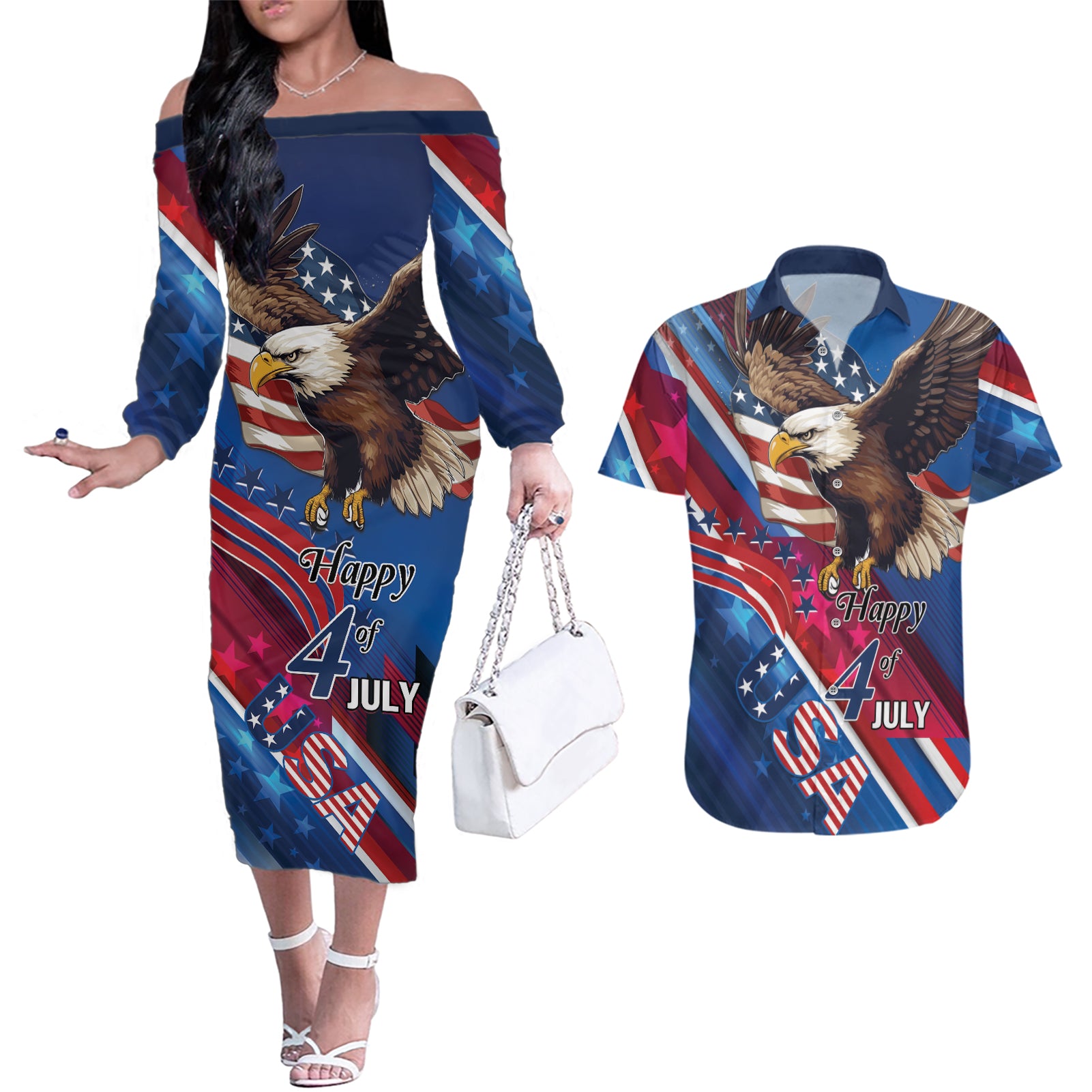 Personalized USA Independence Day 2024 Couples Matching Off The Shoulder Long Sleeve Dress and Hawaiian Shirt United States Eagle - Wonder Print Shop