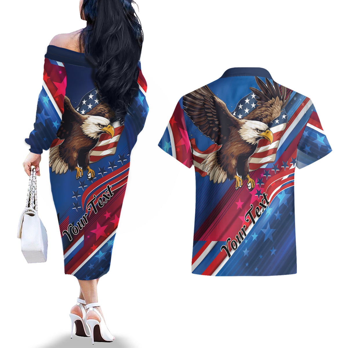 Personalized USA Independence Day 2024 Couples Matching Off The Shoulder Long Sleeve Dress and Hawaiian Shirt United States Eagle - Wonder Print Shop