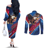 Personalized USA Independence Day 2024 Couples Matching Off The Shoulder Long Sleeve Dress and Long Sleeve Button Shirt United States Eagle