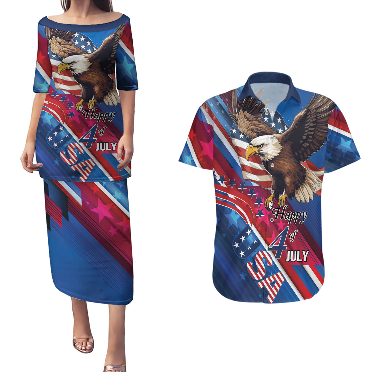 Personalized USA Independence Day 2024 Couples Matching Puletasi and Hawaiian Shirt United States Eagle - Wonder Print Shop