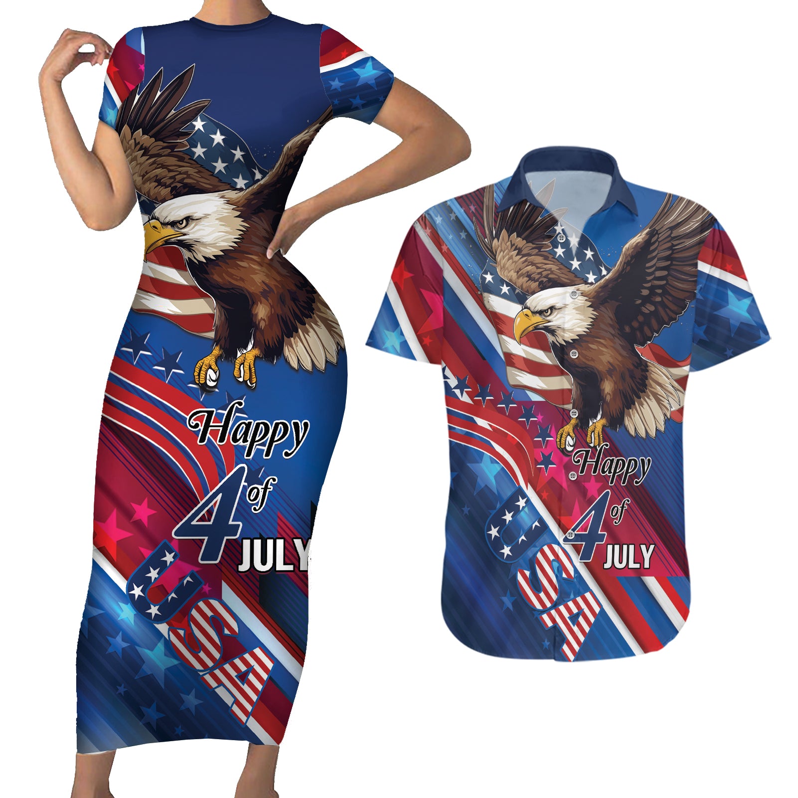 Personalized USA Independence Day 2024 Couples Matching Short Sleeve Bodycon Dress and Hawaiian Shirt United States Eagle - Wonder Print Shop