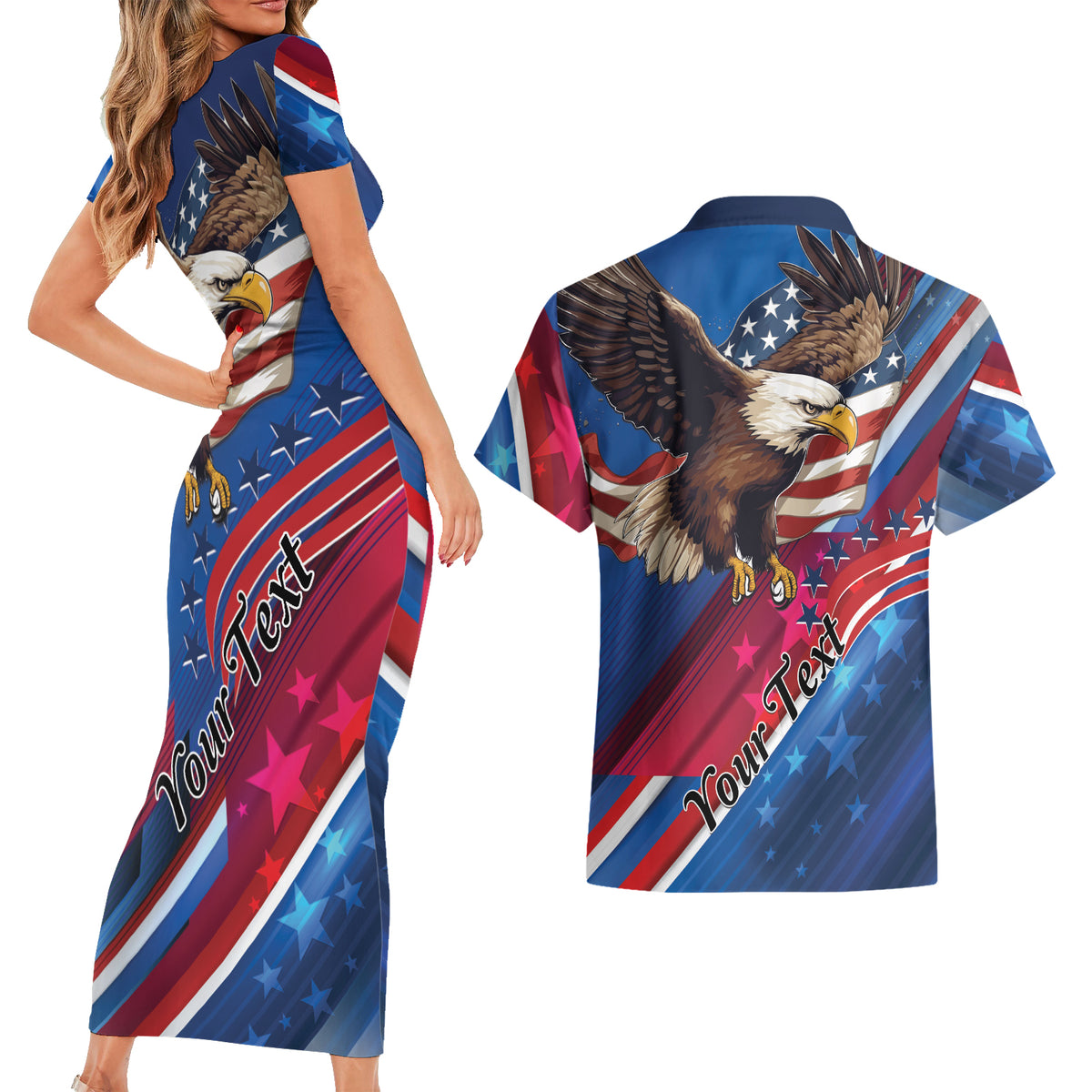 Personalized USA Independence Day 2024 Couples Matching Short Sleeve Bodycon Dress and Hawaiian Shirt United States Eagle - Wonder Print Shop