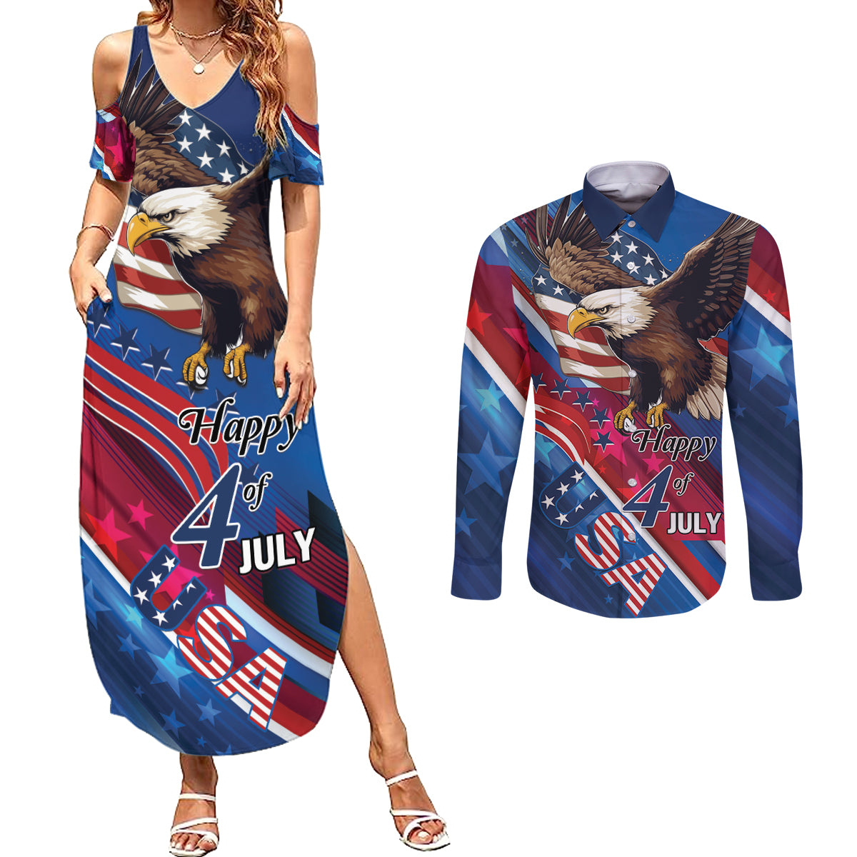 Personalized USA Independence Day 2024 Couples Matching Summer Maxi Dress and Long Sleeve Button Shirt United States Eagle - Wonder Print Shop