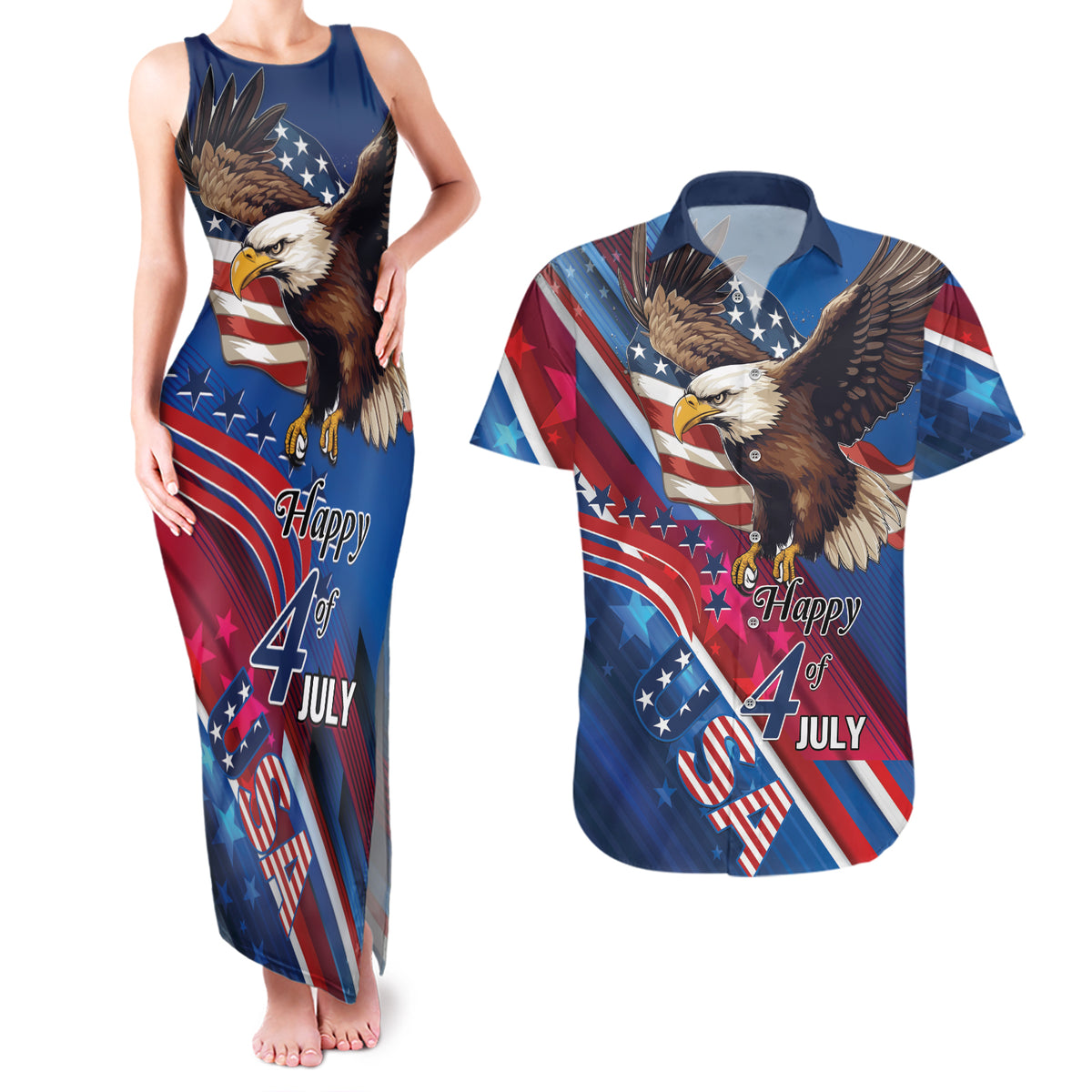 Personalized USA Independence Day 2024 Couples Matching Tank Maxi Dress and Hawaiian Shirt United States Eagle - Wonder Print Shop
