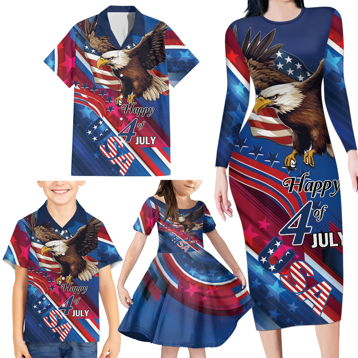Personalized USA Independence Day 2024 Family Matching Long Sleeve Bodycon Dress and Hawaiian Shirt United States Eagle - Wonder Print Shop