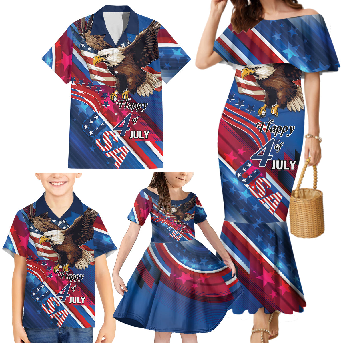 Personalized USA Independence Day 2024 Family Matching Mermaid Dress and Hawaiian Shirt United States Eagle - Wonder Print Shop