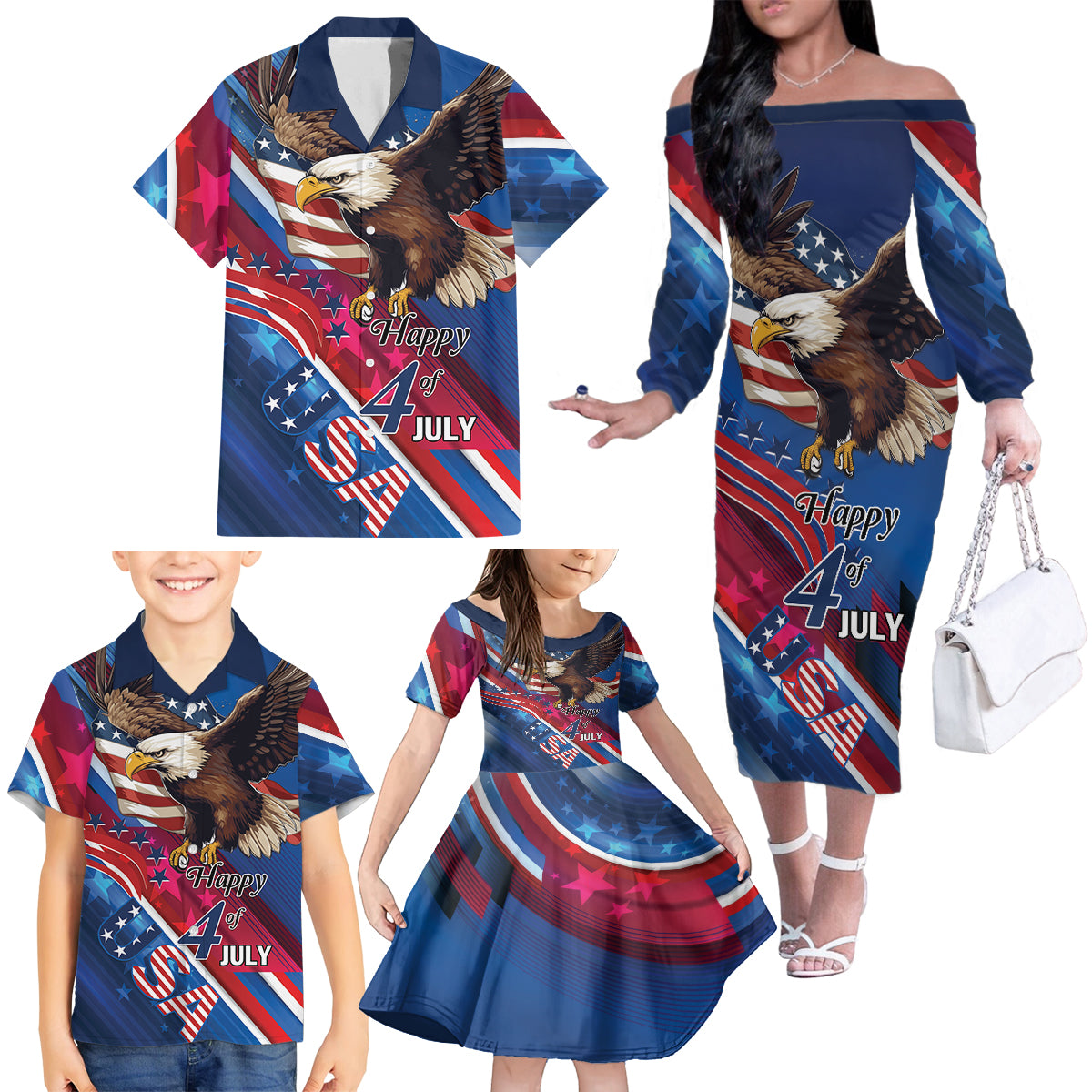 Personalized USA Independence Day 2024 Family Matching Off The Shoulder Long Sleeve Dress and Hawaiian Shirt United States Eagle - Wonder Print Shop