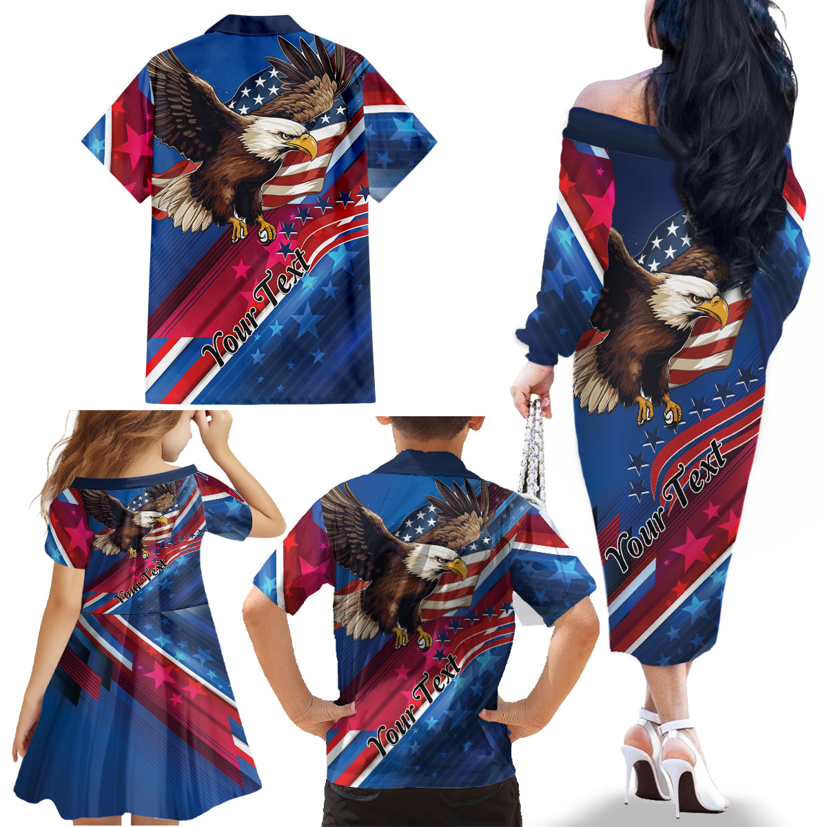 Personalized USA Independence Day 2024 Family Matching Off The Shoulder Long Sleeve Dress and Hawaiian Shirt United States Eagle - Wonder Print Shop