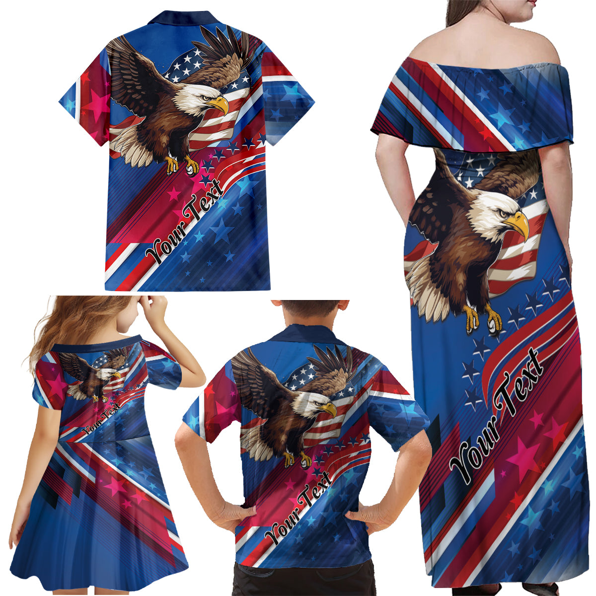 Personalized USA Independence Day 2024 Family Matching Off Shoulder Maxi Dress and Hawaiian Shirt United States Eagle - Wonder Print Shop