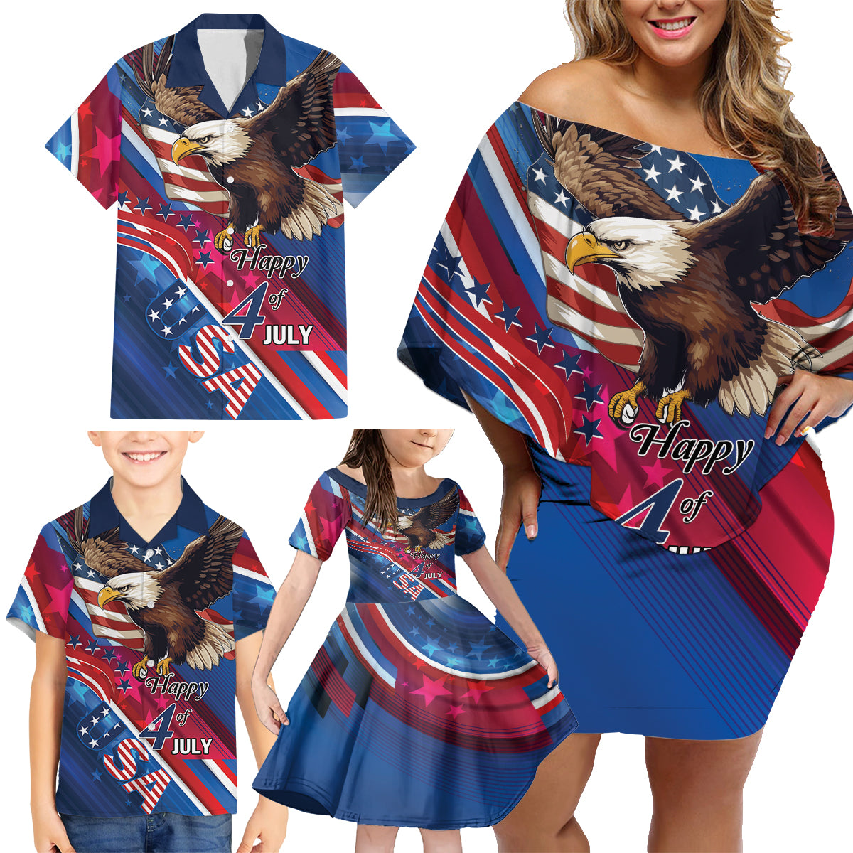 Personalized USA Independence Day 2024 Family Matching Off Shoulder Short Dress and Hawaiian Shirt United States Eagle - Wonder Print Shop