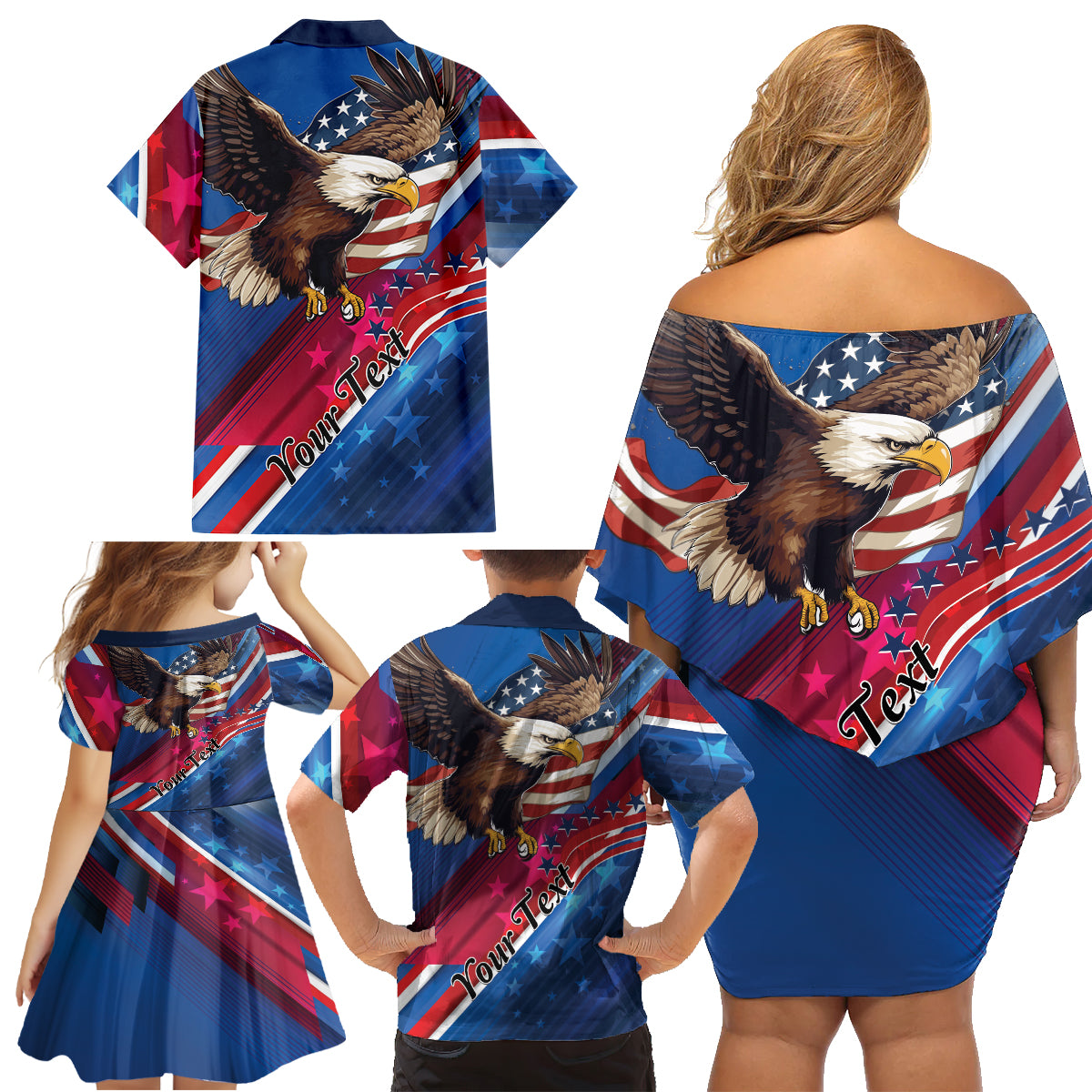Personalized USA Independence Day 2024 Family Matching Off Shoulder Short Dress and Hawaiian Shirt United States Eagle - Wonder Print Shop