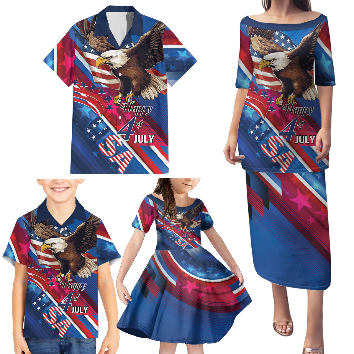 Personalized USA Independence Day 2024 Family Matching Puletasi and Hawaiian Shirt United States Eagle - Wonder Print Shop