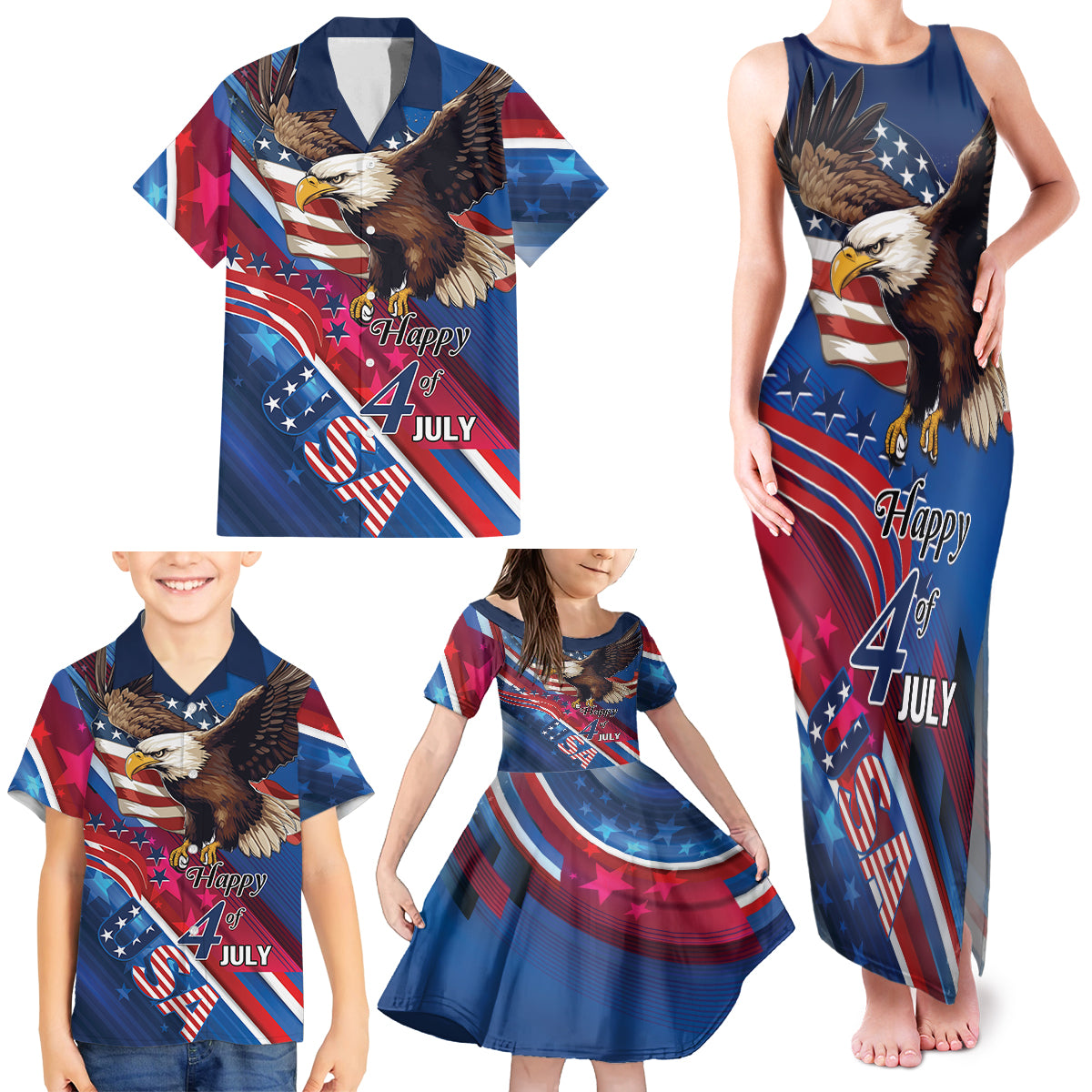 Personalized USA Independence Day 2024 Family Matching Tank Maxi Dress and Hawaiian Shirt United States Eagle - Wonder Print Shop