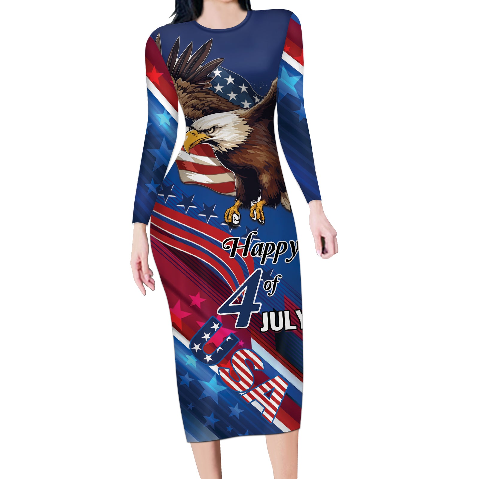 Personalized USA Independence Day 2024 Long Sleeve Bodycon Dress United States Eagle - Wonder Print Shop