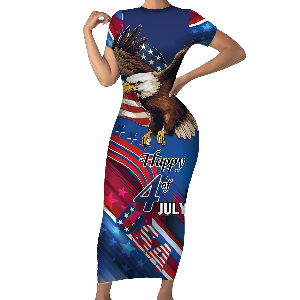 Personalized USA Independence Day 2024 Short Sleeve Bodycon Dress United States Eagle - Wonder Print Shop