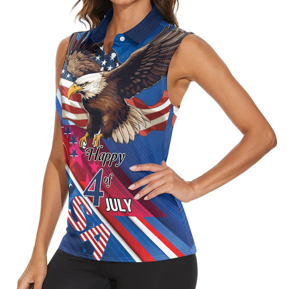 Personalized USA Independence Day 2024 Women Sleeveless Polo Shirt United States Eagle - Wonder Print Shop