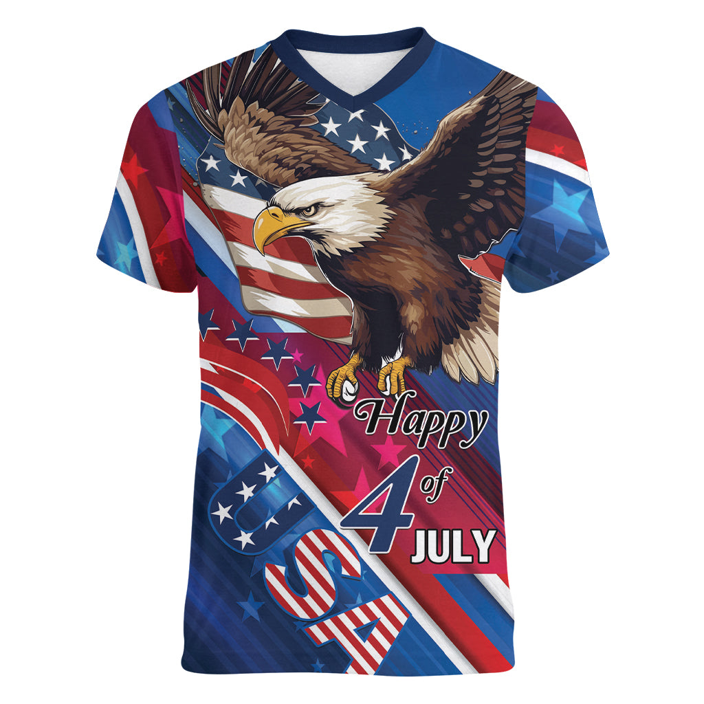 Personalized USA Independence Day 2024 Women V-Neck T-Shirt United States Eagle - Wonder Print Shop