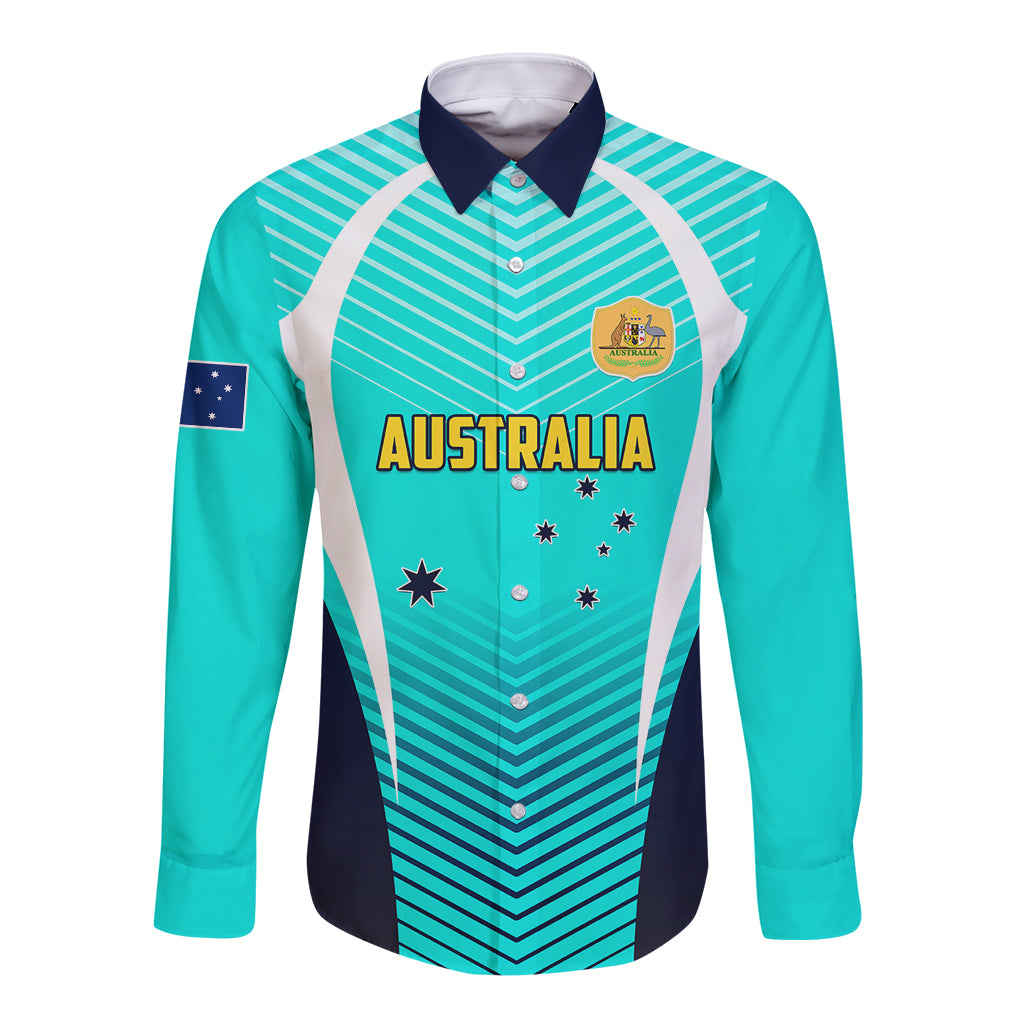 Personalised Australia Soccer Long Sleeve Button Shirt Matildas Sporty Turquoise Version - Wonder Print Shop
