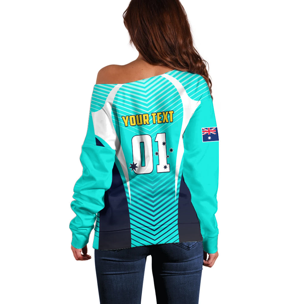 Personalised Australia Soccer Off Shoulder Sweater Matildas Sporty Turquoise Version - Wonder Print Shop