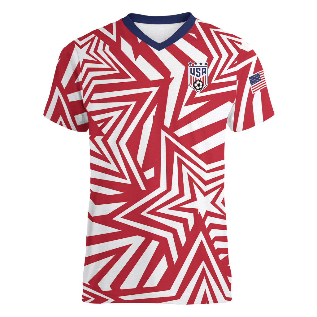 Custom Soccer 2026 USA Women V-Neck T-Shirt Red Star Stylized
