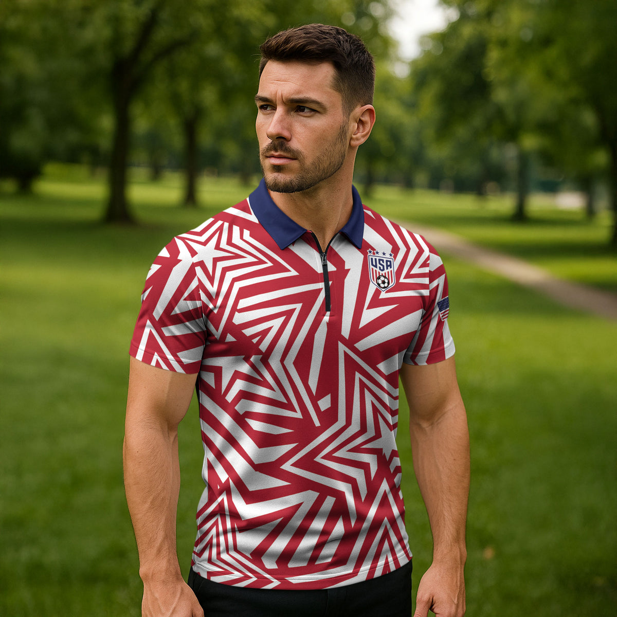 Custom Soccer 2026 USA Zipper Polo Shirt Red Star Stylized