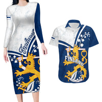 Finland Couples Matching Long Sleeve Bodycon Dress and Hawaiian Shirt Suomi Lion With Lily of the Valley - Wonder Print Shop