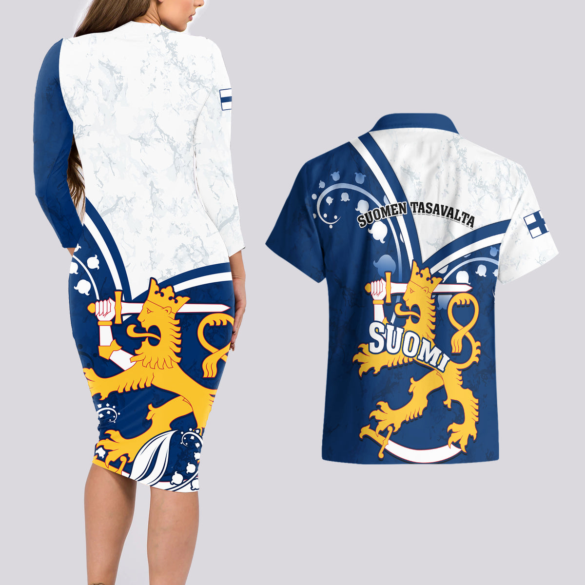 Finland Couples Matching Long Sleeve Bodycon Dress and Hawaiian Shirt Suomi Lion With Lily of the Valley - Wonder Print Shop