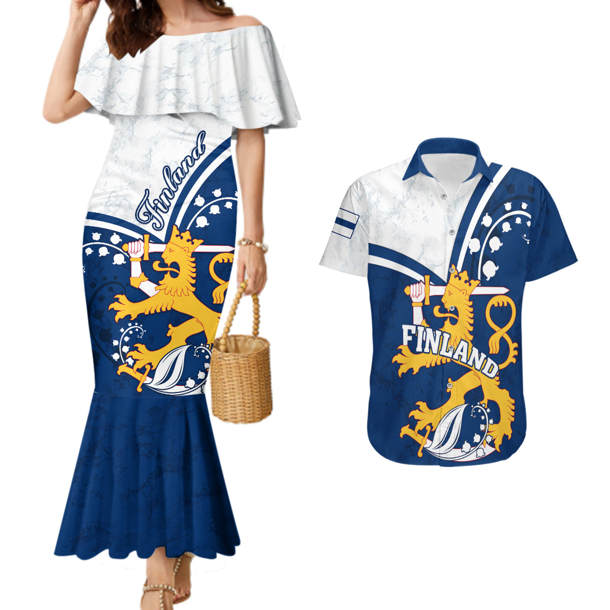 Finland Couples Matching Mermaid Dress and Hawaiian Shirt Suomi Lion With Lily of the Valley - Wonder Print Shop
