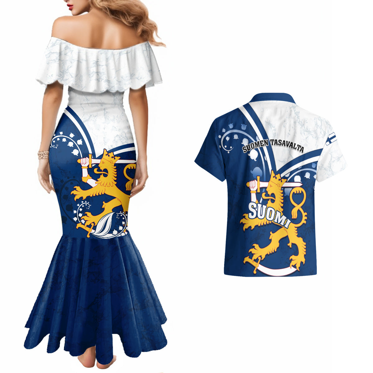 Finland Couples Matching Mermaid Dress and Hawaiian Shirt Suomi Lion With Lily of the Valley - Wonder Print Shop