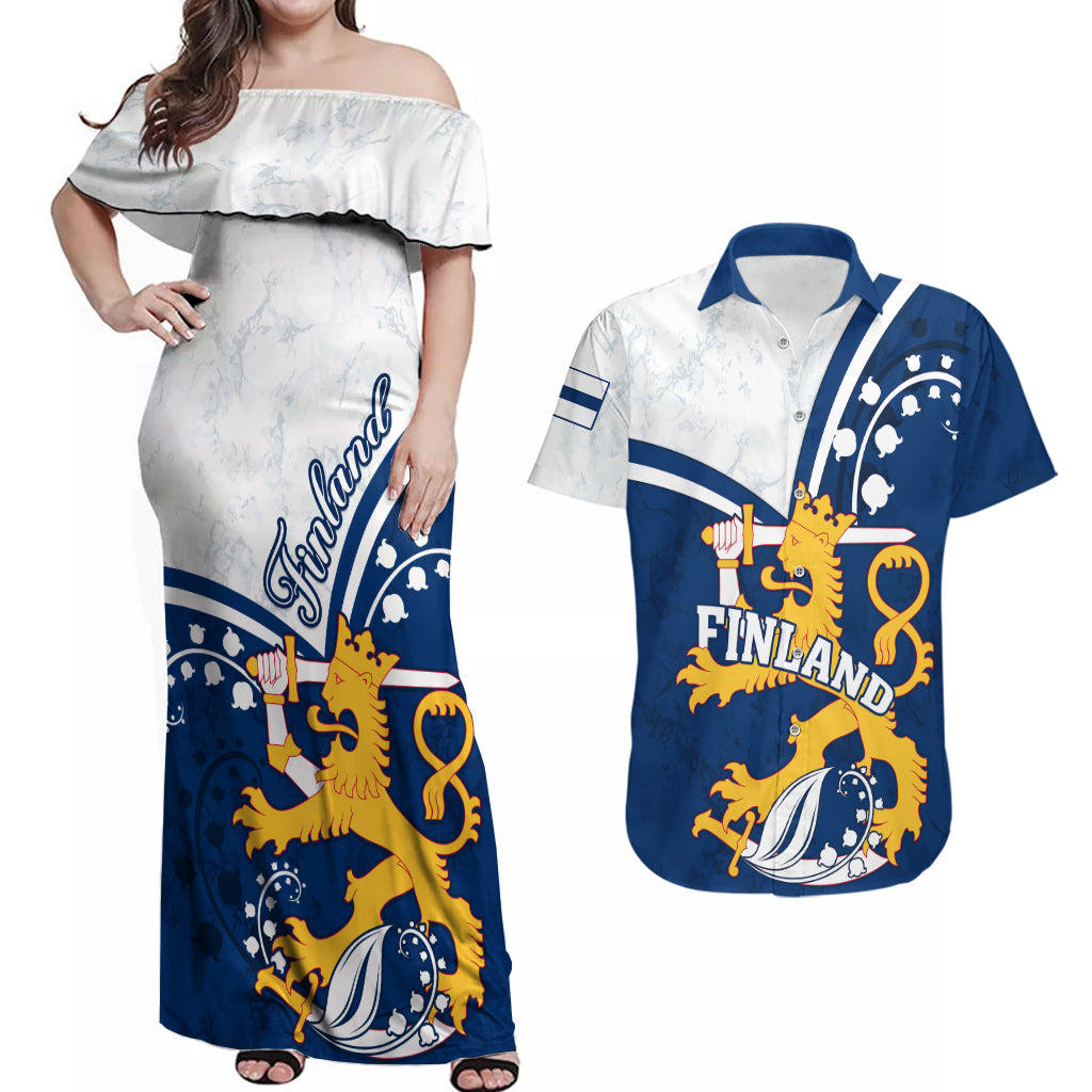 Finland Couples Matching Off Shoulder Maxi Dress and Hawaiian Shirt Suomi Lion With Lily of the Valley - Wonder Print Shop
