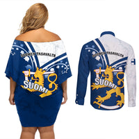 Finland Couples Matching Off Shoulder Short Dress and Long Sleeve Button Shirts Suomi Lion With Lily of the Valley - Wonder Print Shop