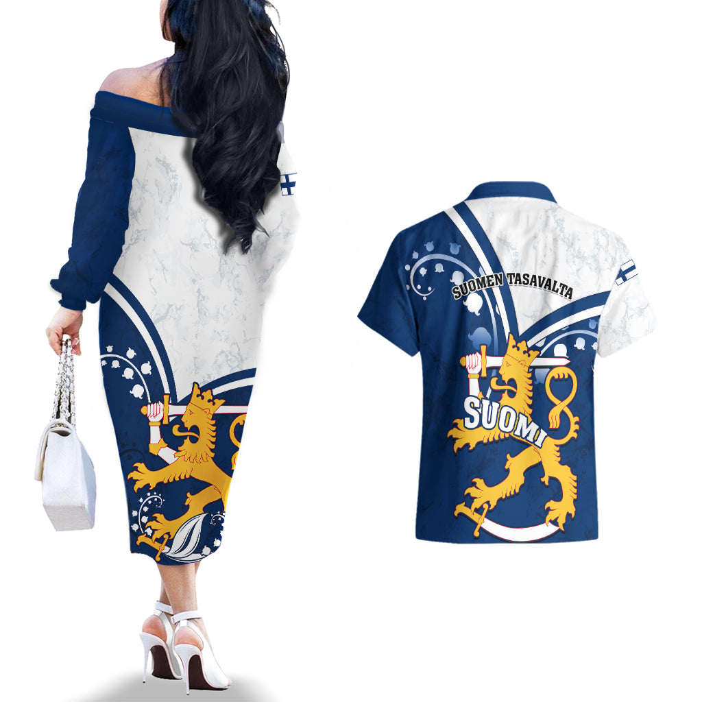 Finland Couples Matching Off The Shoulder Long Sleeve Dress and Hawaiian Shirt Suomi Lion With Lily of the Valley - Wonder Print Shop