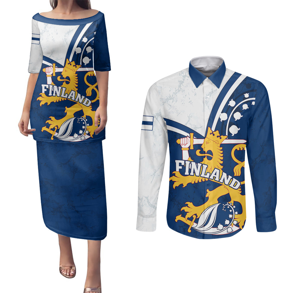 Finland Couples Matching Puletasi Dress and Long Sleeve Button Shirts Suomi Lion With Lily of the Valley - Wonder Print Shop