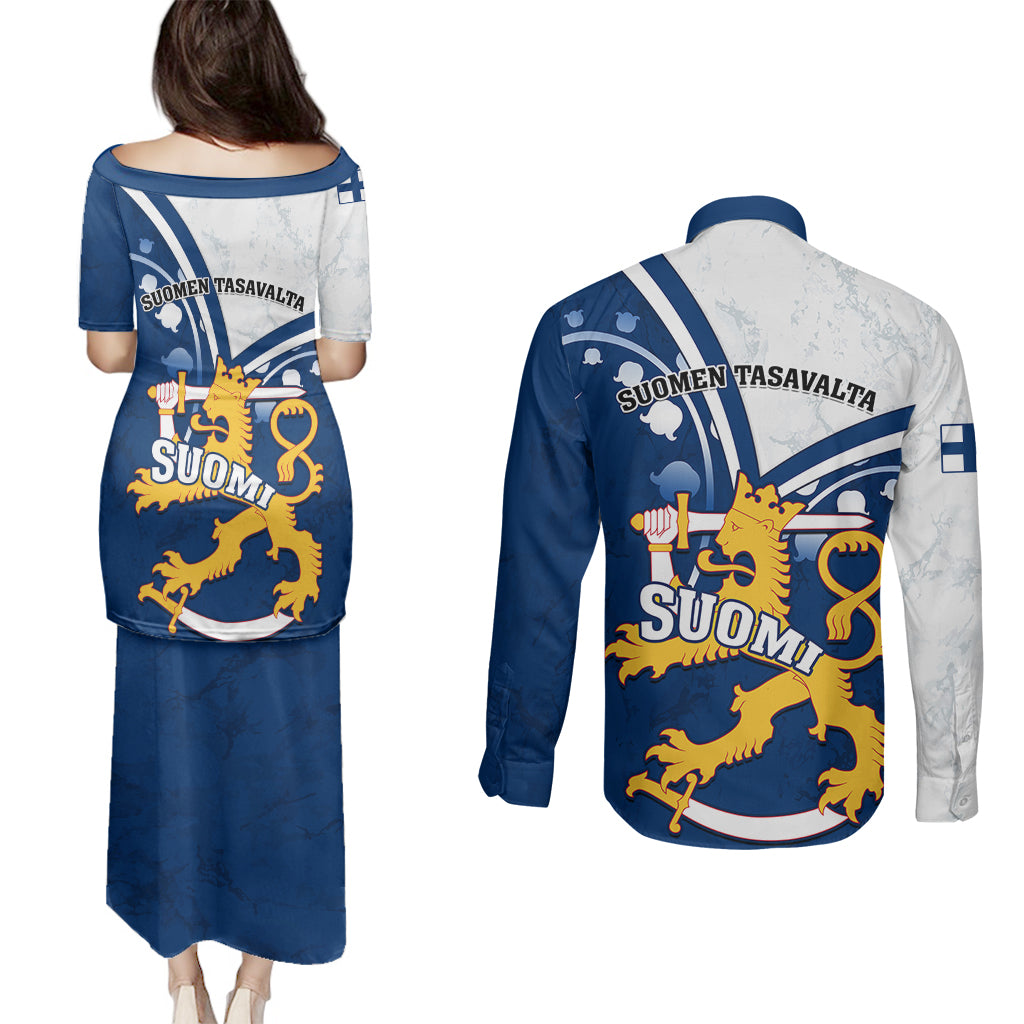 Finland Couples Matching Puletasi Dress and Long Sleeve Button Shirts Suomi Lion With Lily of the Valley - Wonder Print Shop